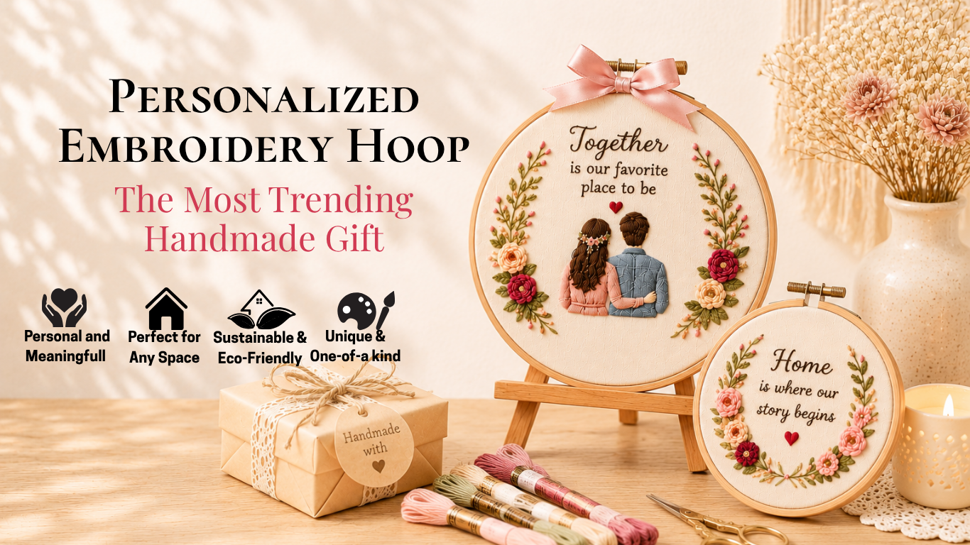 A warm and elegant blog banner highlighting personalized embroidery hoops as trending handmade gifts. The image features a large embroidery hoop on a wooden easel decorated with floral embroidery and a couple illustration beneath the quote, "Together is our favorite place to be." A smaller floral embroidery hoop displaying the phrase "Home is where our story begins" is placed beside it. The arrangement includes a handmade gift box wrapped with twine, pastel embroidery threads, golden embroidery scissors, a lit candle, and a ceramic vase filled with dried flowers. The left side of the image displays the heading "Personalized Embroidery Hoop – The Most Trending Handmade Gift," along with icons representing meaningful gifting, home decor, eco-friendly values, and one-of-a-kind craftsmanship.