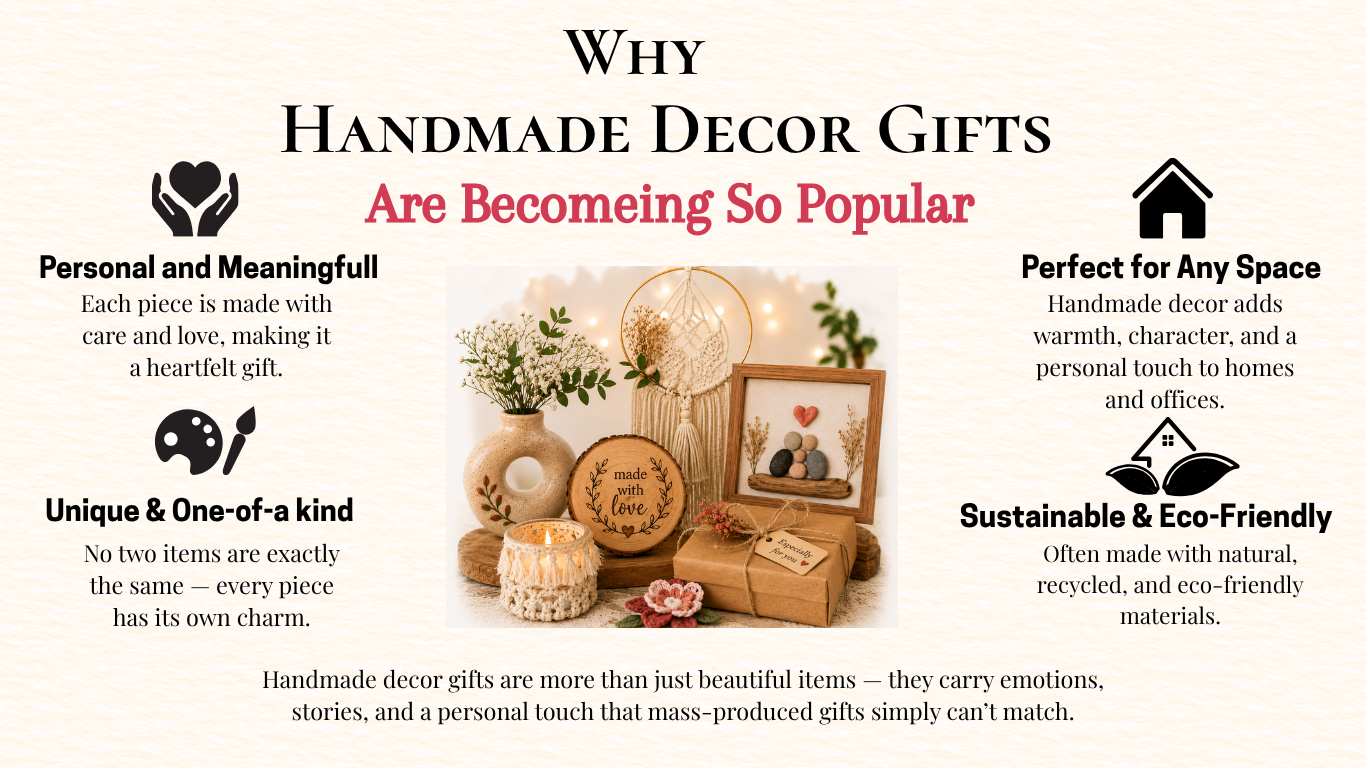 Infographic titled "Why Handmade Decor Gifts Are Becoming So Popular" on a soft beige background. In the center is a display of handmade decor items including a macramé wall hanging, floral vase, embroidered candle holder, framed pebble art, wooden decor piece, and gift box. Four key benefits surround the image: Personal and Meaningful (made with care and love), Unique & One-of-a-Kind (every piece is different), Perfect for Any Space (adds warmth and character to homes and offices), and Sustainable & Eco-Friendly (made from natural and recycled materials). A concluding statement highlights that handmade decor gifts carry emotions, stories, and a personal touch that mass-produced gifts cannot match.