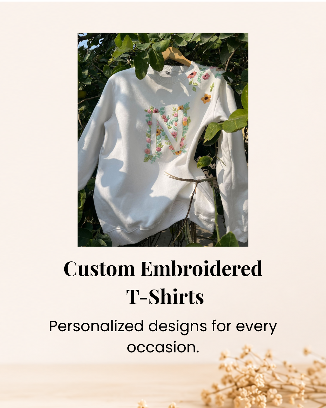 Custom embroidered sweatshirt with floral letter N design, personalized handmade embroidery clothing for gifts and everyday wear.