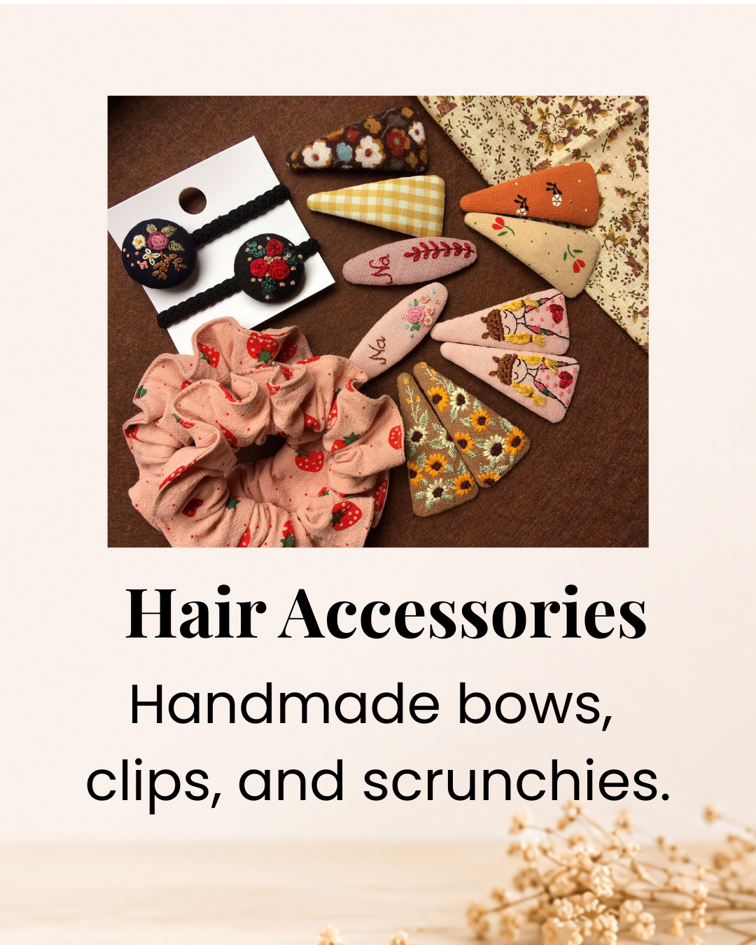 Handmade embroidered hair accessories including fabric hair clips, scrunchies, floral hair ties, and personalized hair bows by craftkam.