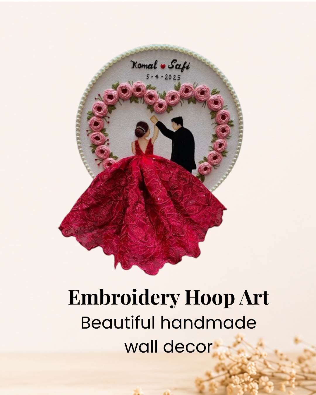 Handmade embroidery hoop art featuring a couple in a red wedding dress with pink floral heart design, personalized embroidery wall décor for weddings, anniversaries, and custom gifts.