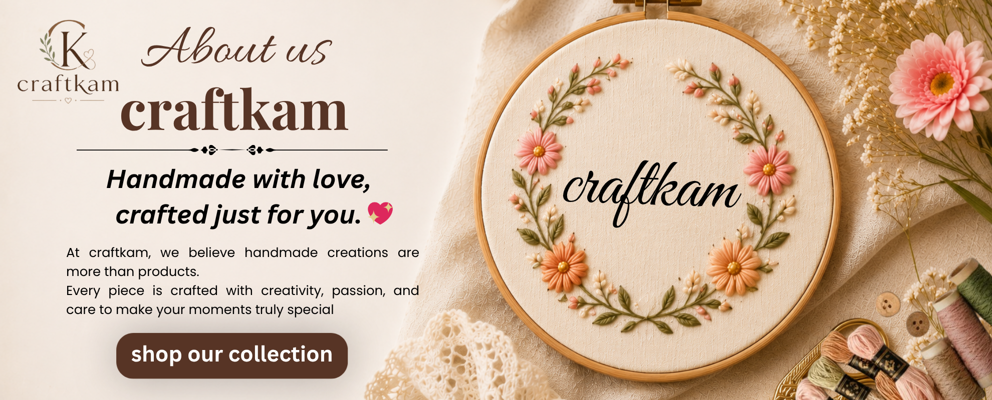 About craftkam handmade embroidery hoop frame with floral embroidery design and personalized handmade gifts