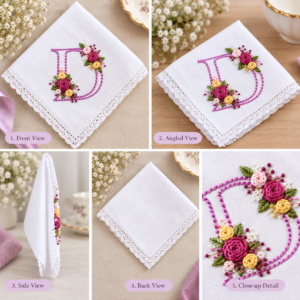 Five different views of a white handkerchief featuring a floral embroidered letter D and delicate lace edging.