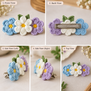 Handmade floral hair clip with blue, white and lavender thread flowers