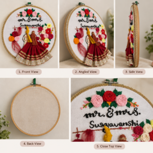 Customized wedding couple embroidery hoop frame with bride and groom, floral embroidery, and personalized names